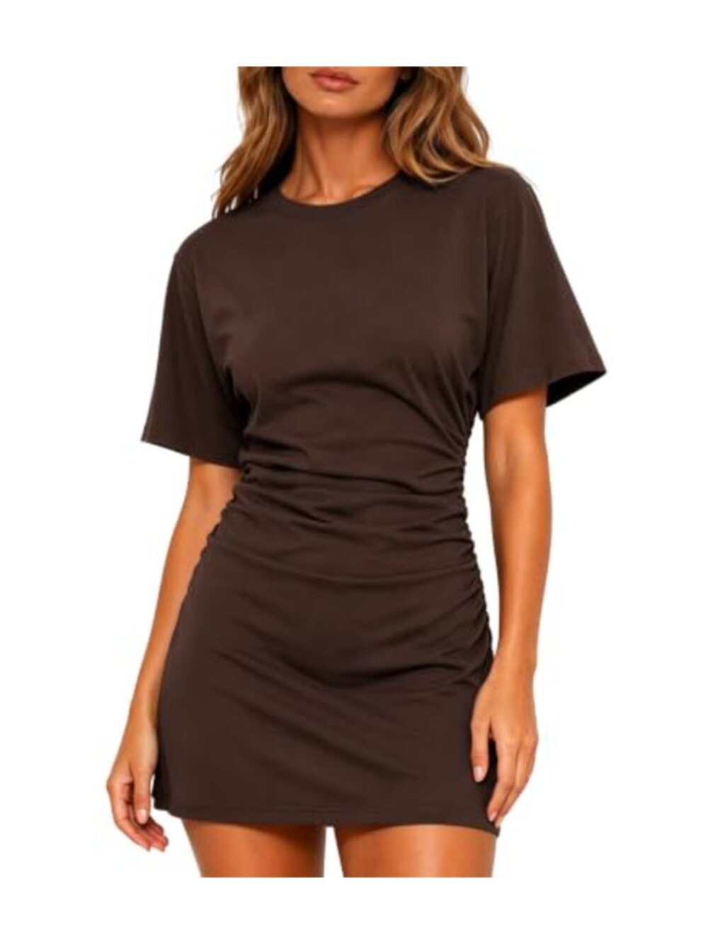 Women's Casual A-Line Mini Dress Ruched Short Sleeve Viscose Knit Stretchy